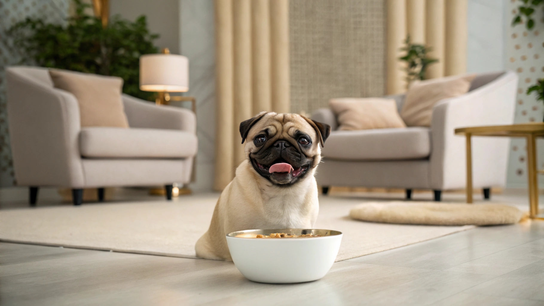 Szczęśliwy buldog liże pustą miskę po posiłku na trawie