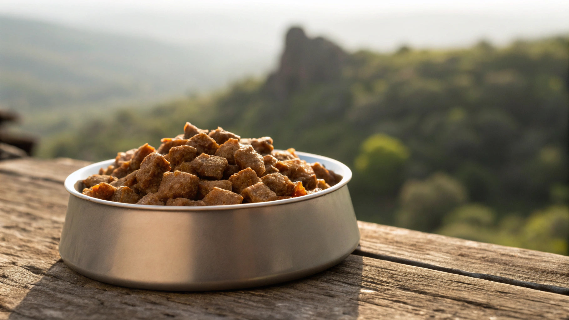 Pies je mokrą karmę z apetytem Pies liże mokrą karmę z ceramicznej miski na drewnianym stole